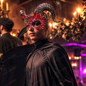 RED Demon Steampunk Spikes Devil w/ Black Twisted Horn Masquerade Halloween Mask